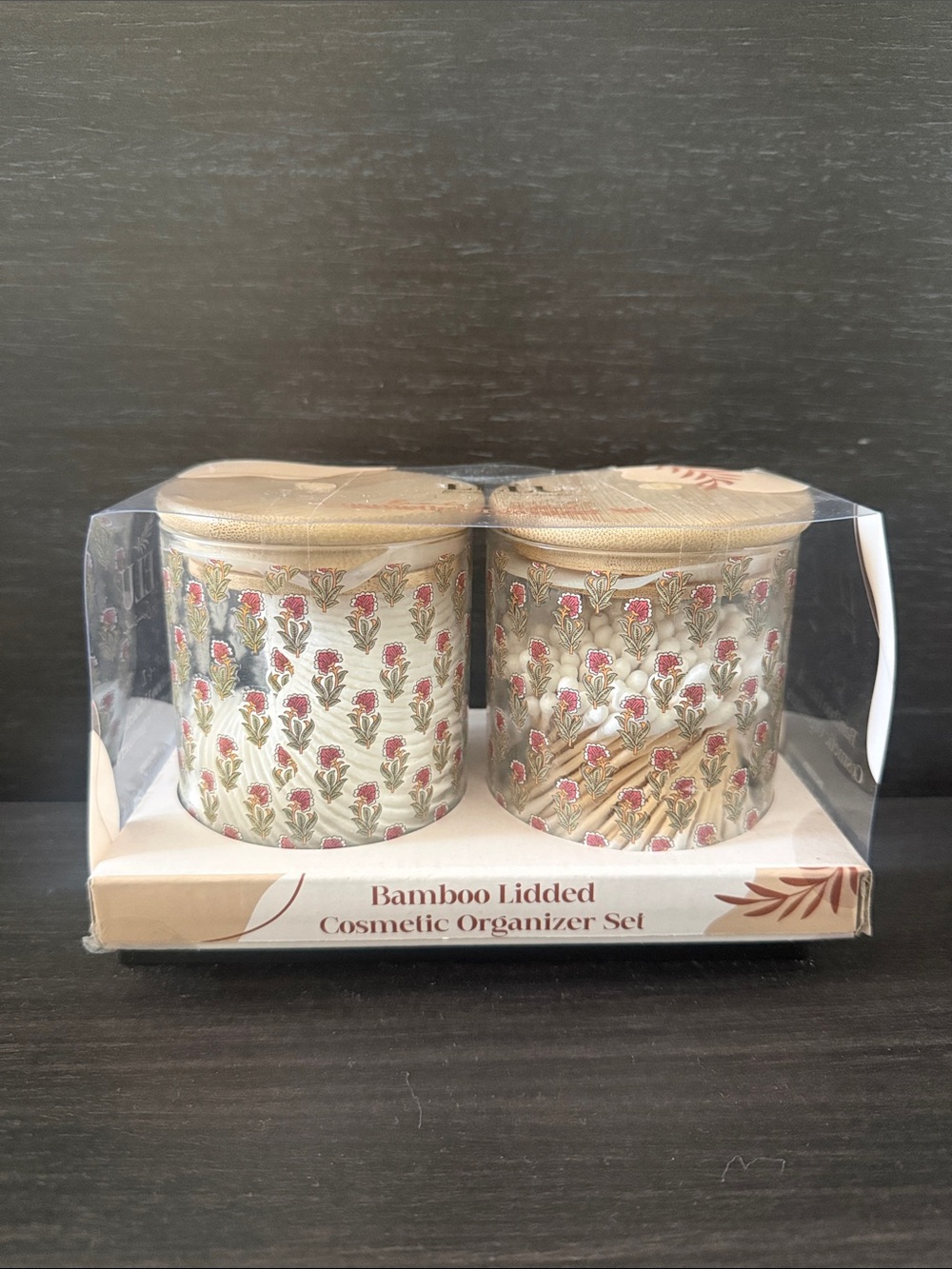 Bamboo Lidded Cosmetic Organizer Set - Floral Cream & Pink